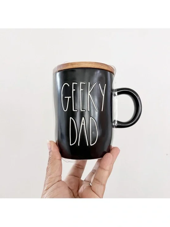 Rae Dunn "Geeky Dad" Black Ceramic Mug with Wooden Lid - Picture 1 of 3